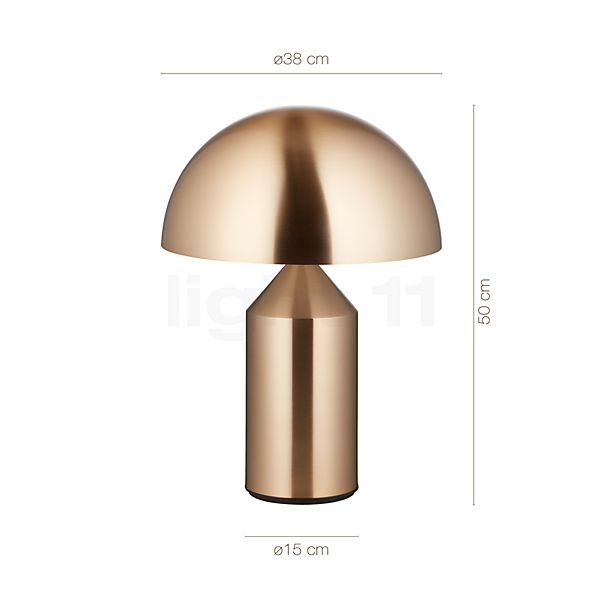 Measurements of the Oluce Atollo Table Lamp gold - ø38 cm - model 239 in detail: height, width, depth and diameter of the individual parts.