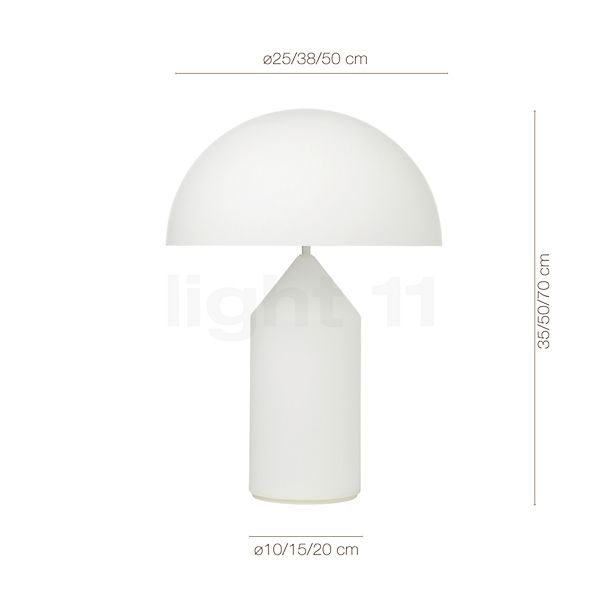 Measurements of the Oluce Atollo Table Lamp opal - ø38 cm - model 237 in detail: height, width, depth and diameter of the individual parts.