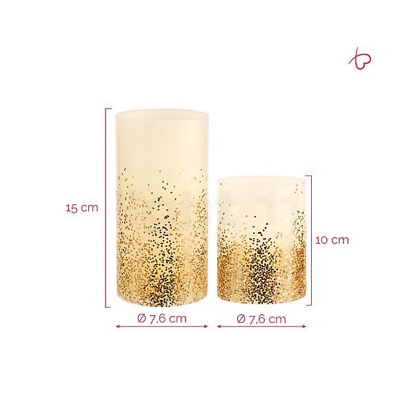 Pauleen Golden Glitter, LED vela marfil/brillar dorado - set de 2 , Venta de almacén, nuevo, embalaje original - alzado con dimensiones