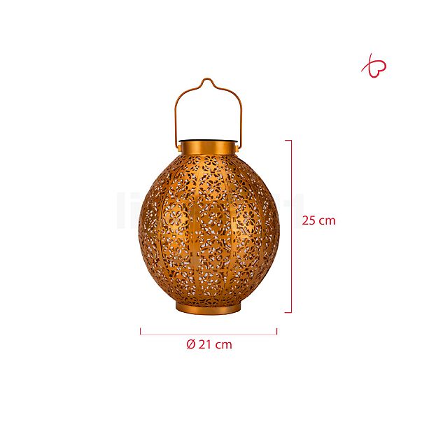 Measurements of the Pauleen Sunshine Aura Solar-Table Lamp LED gold in detail: height, width, depth and diameter of the individual parts.