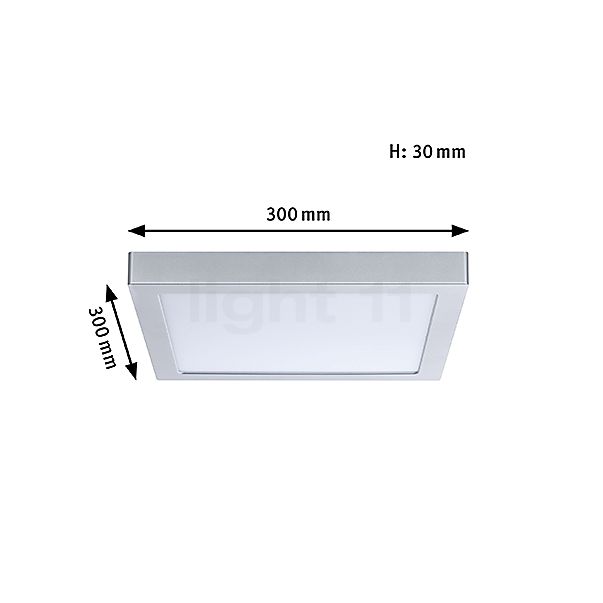 Die Abmessungen der Paulmann Abia Deckenleuchte LED eckig chrom matt im Detail: Höhe, Breite, Tiefe und Durchmesser der einzelnen Bestandteile.