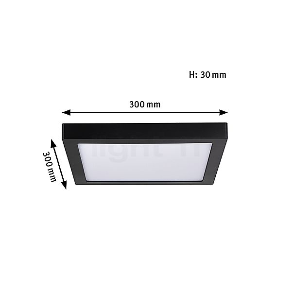 Målene for Paulmann Abia Loftlampe LED Square sort mat: De enkelte komponenters højde, bredde, dybde og diameter.