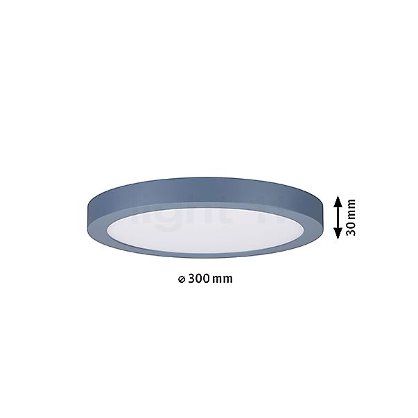 Målene for Paulmann Abia Loftlampe LED rund grå-blå: De enkelte komponenters højde, bredde, dybde og diameter.