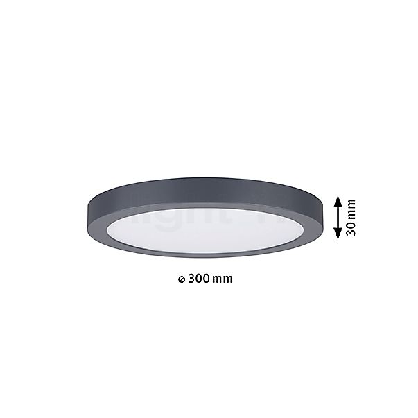 Målene for Paulmann Abia Loftlampe LED rund mørkegrå: De enkelte komponenters højde, bredde, dybde og diameter.
