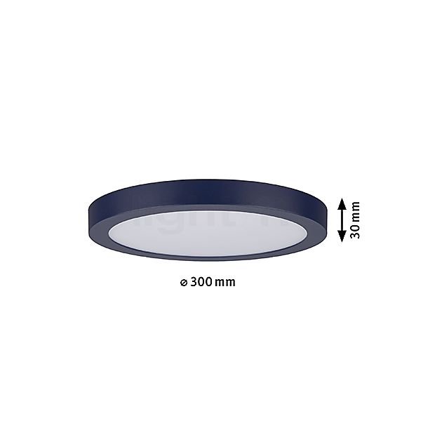 Målene for Paulmann Abia Loftlampe LED rund nat blå: De enkelte komponenters højde, bredde, dybde og diameter.