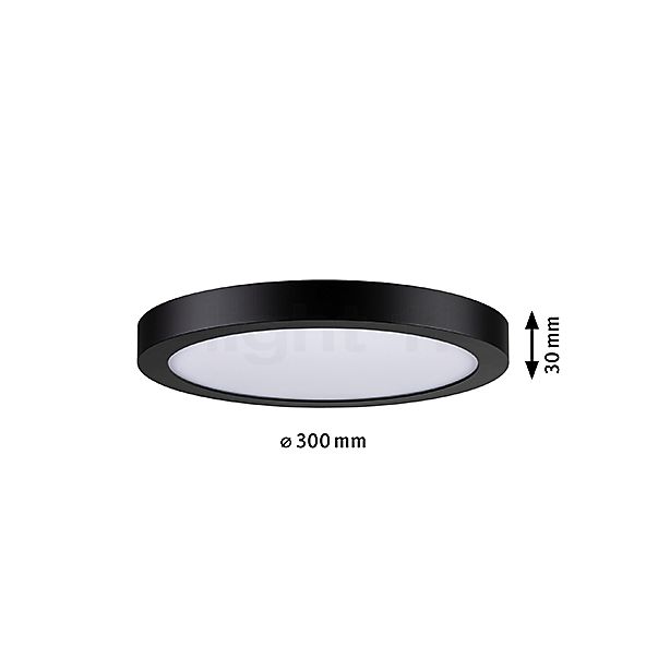 Målene for Paulmann Abia Loftlampe LED rund sort mat: De enkelte komponenters højde, bredde, dybde og diameter.