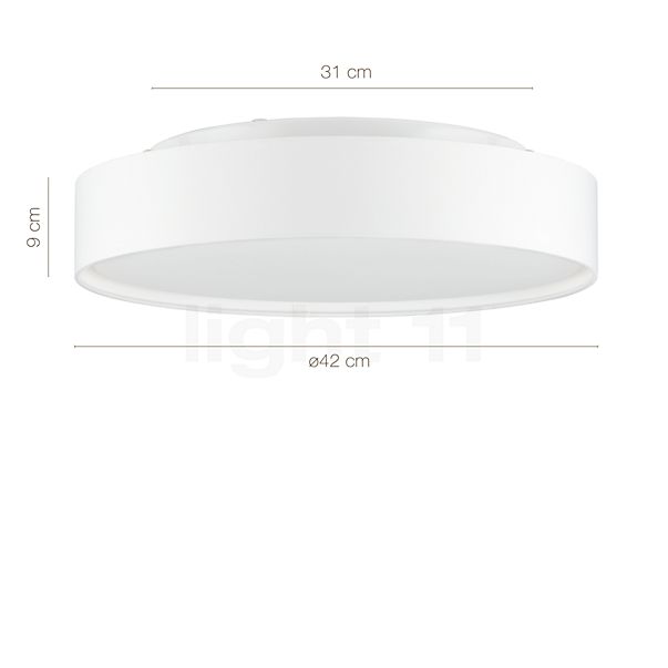 Målene for Peill+Putzler Varius Loftlampe hvid - ø42 cm: De enkelte komponenters højde, bredde, dybde og diameter.