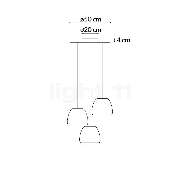 Rotaliana Pomi, lámpara de suspensión 3 focos Cluster blanco mate/cable transparente - alzado con dimensiones