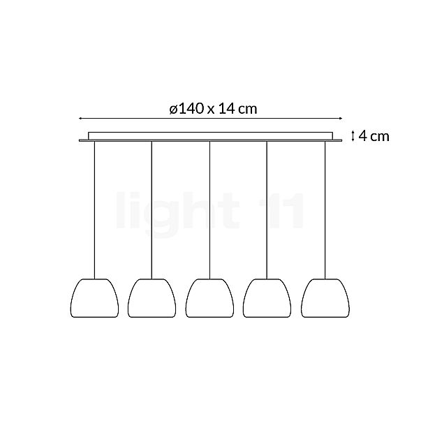 Rotaliana Pomi, lámpara de suspensión 5 focos blanco mate/cable transparente - alzado con dimensiones