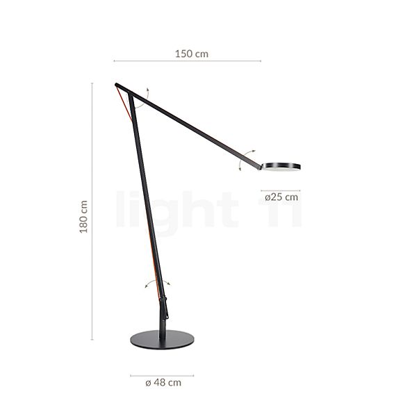 Dimensiones del/de la Rotaliana String XL, lámpara de pie LED blanco/naranja al detalle: alto, ancho, profundidad y diámetro de cada componente.