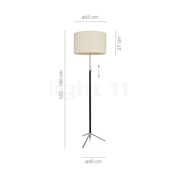 Measurements of the Santa & Cole Pie de Salón Floor Lamp natural colour/chrome - cylindric - 45 cm in detail: height, width, depth and diameter of the individual parts.