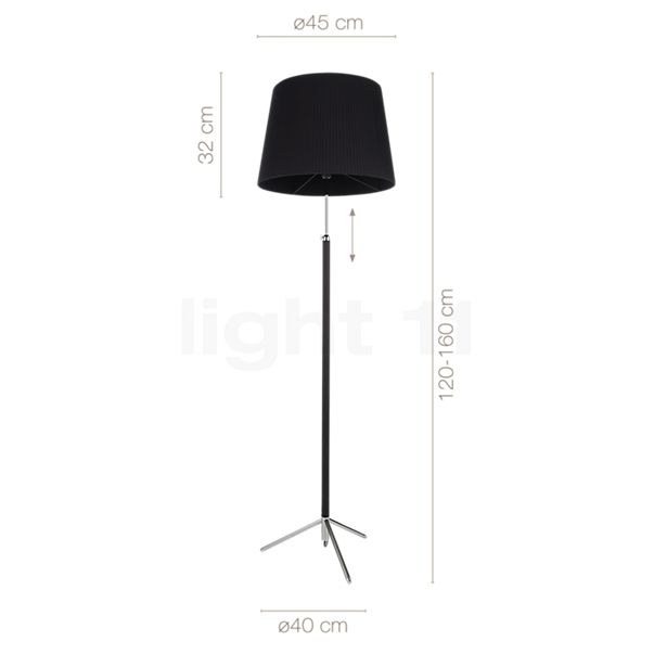 Measurements of the Santa & Cole Pie de Salón Floor Lamp terracotta/chrome - conical - 45 cm in detail: height, width, depth and diameter of the individual parts.