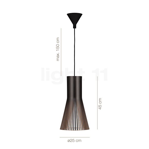 De afmetingen van de Secto Design Secto 4201 Hanglamp zwart, gelamineerd/ textielkabel zwart in detail: hoogte, breedte, diepte en diameter van de afzonderlijke onderdelen.