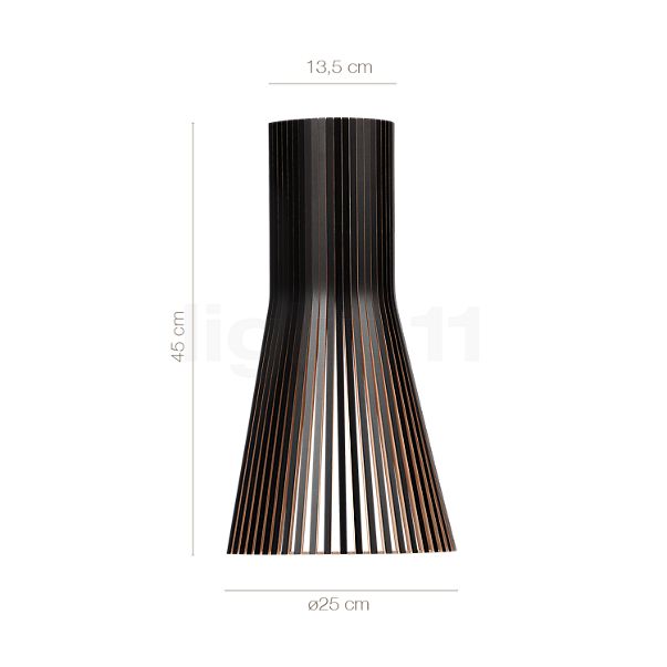 Measurements of the Secto Design Secto 4231 Wall Light black, laminated in detail: height, width, depth and diameter of the individual parts.