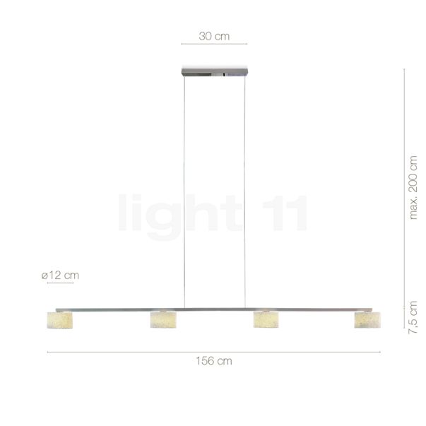 De afmetingen van de Serien Lighting Reef Bar Hanglamp 4-lichts LED aluminium geborsteld in detail: hoogte, breedte, diepte en diameter van de afzonderlijke onderdelen.