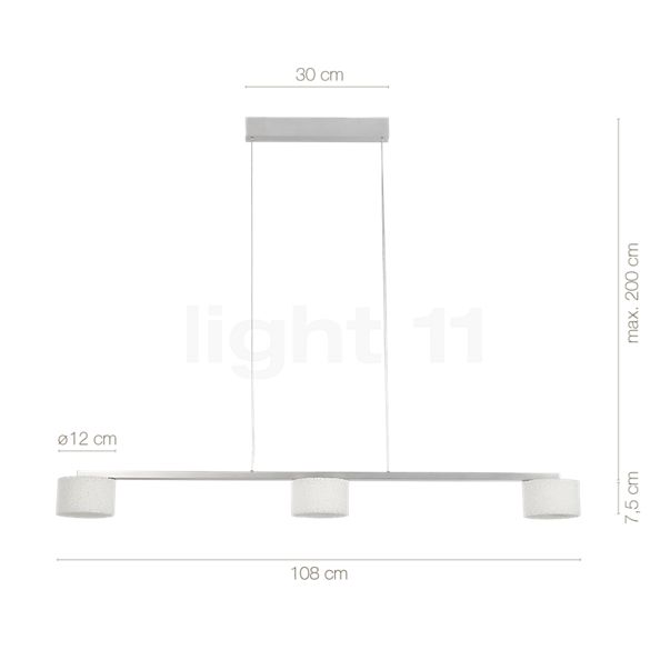 Measurements of the Serien Lighting Reef Bar Pendant Light 3 lamps LED aluminium brushed in detail: height, width, depth and diameter of the individual parts.