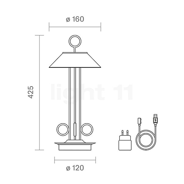 Sigor Nudiderot, lámpara recargable LED cobre - alzado con dimensiones