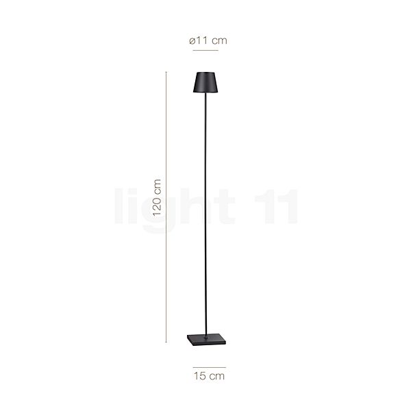 Die Abmessungen der Sigor Nuindie Stehleuchte LED schwarz im Detail: Höhe, Breite, Tiefe und Durchmesser der einzelnen Bestandteile.