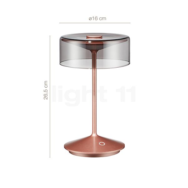 Dimensions du luminaire Sigor Numotion Lampe rechargeable LED bronze en détail - hauteur, largeur, profondeur et diamètre de chaque composant.