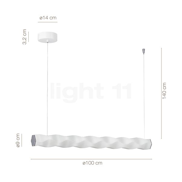 Dimensions du luminaire Slamp Hugo Suspension LED prisme en détail - hauteur, largeur, profondeur et diamètre de chaque composant.