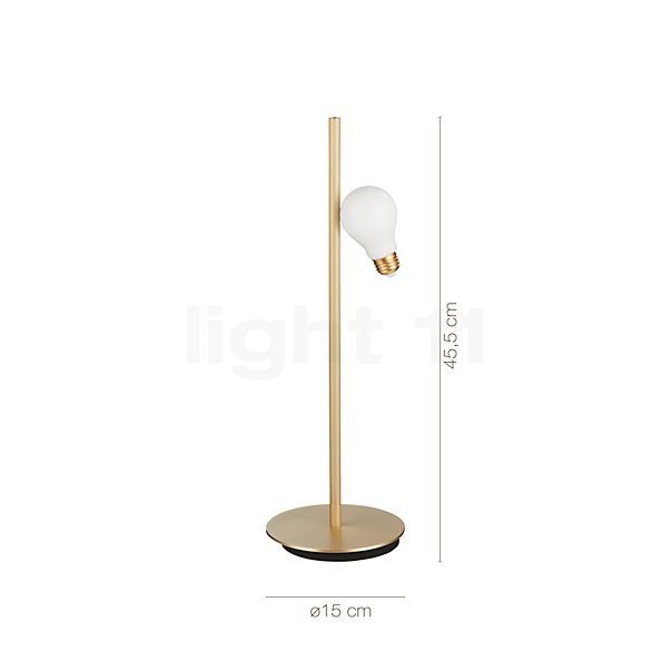 Målene for Slamp Idea Bordlampe messing , Lagerhus, ny original emballage: De enkelte komponenters højde, bredde, dybde og diameter.