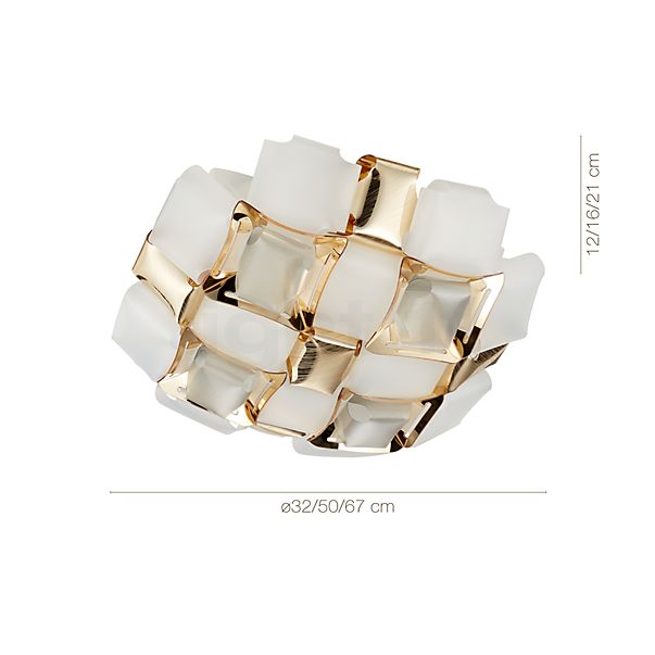 Measurements of the Slamp Mida Wall/Ceiling light gold - ø32 cm , Warehouse sale, as new, original packaging in detail: height, width, depth and diameter of the individual parts.