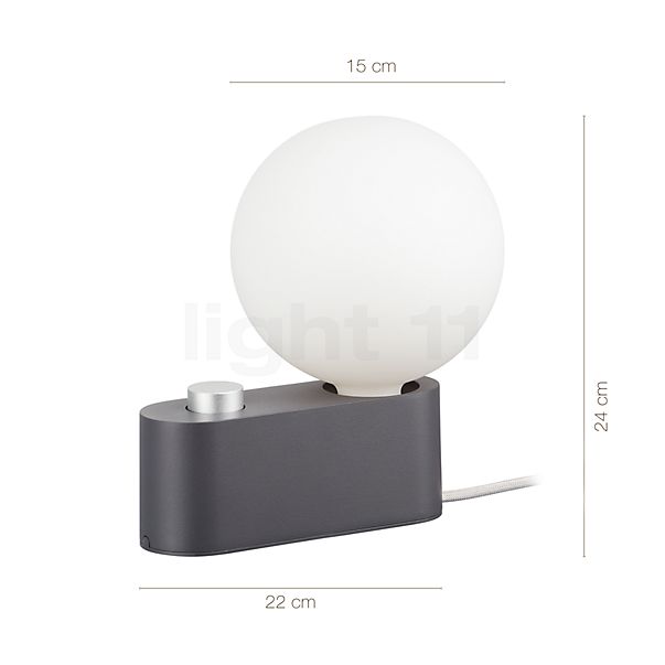 Dimensions du luminaire Tala Alumina Applique/Lampe de table charbon en détail - hauteur, largeur, profondeur et diamètre de chaque composant.
