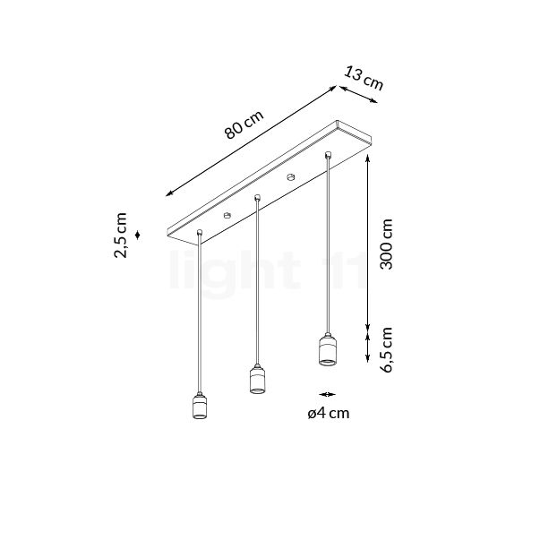 Tala Linear Triple, lámpara de suspensión blanco/latón - alzado con dimensiones