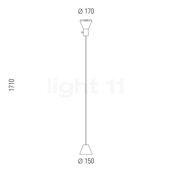 Tecnolumen ES 57, lámpara de pie LED gris - alzado con dimensiones