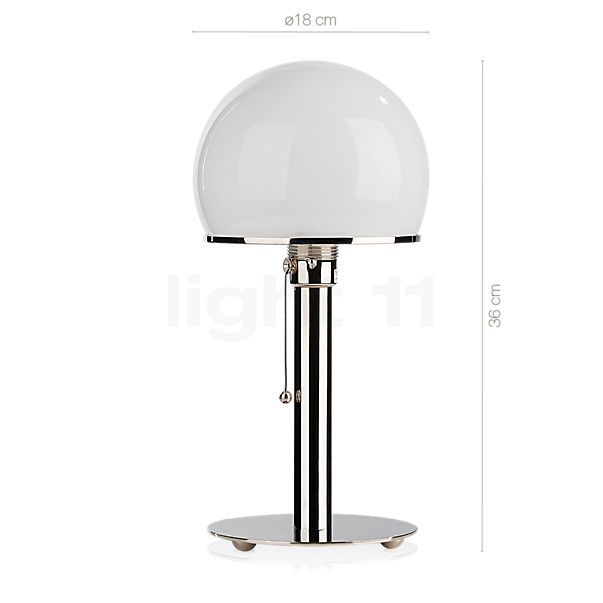 Dimensions du luminaire Tecnolumen Wagenfeld WA 24 Lampe de table corps nickelé/pied nickelé en détail - hauteur, largeur, profondeur et diamètre de chaque composant.