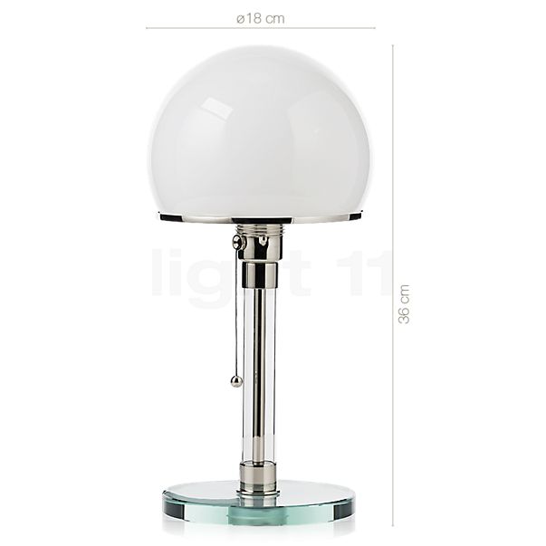 Dimensions du luminaire Tecnolumen Wagenfeld WG 24 Lampe de table corps transparent/pied verre en détail - hauteur, largeur, profondeur et diamètre de chaque composant.