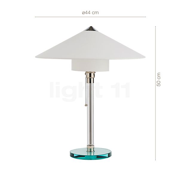 Dimensions du luminaire Tecnolumen Wagenfeld WG 27 Lampe de table corps transparent/pied verre en détail - hauteur, largeur, profondeur et diamètre de chaque composant.