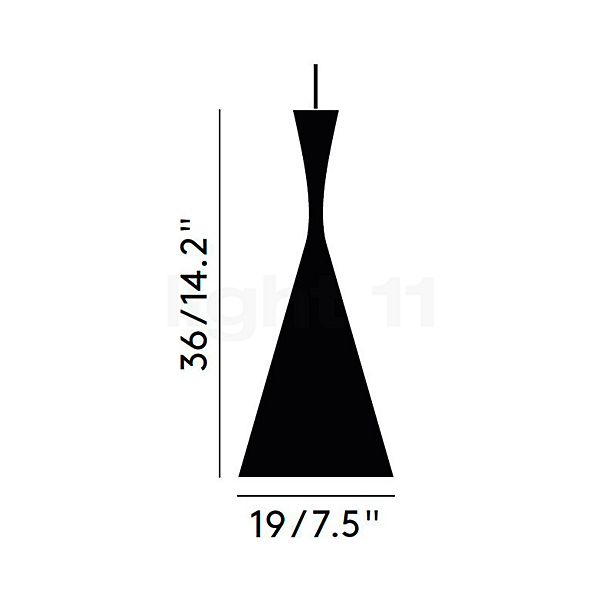 Tom Dixon Beat Tall, lámpara de suspensión LED negro/latón - alzado con dimensiones