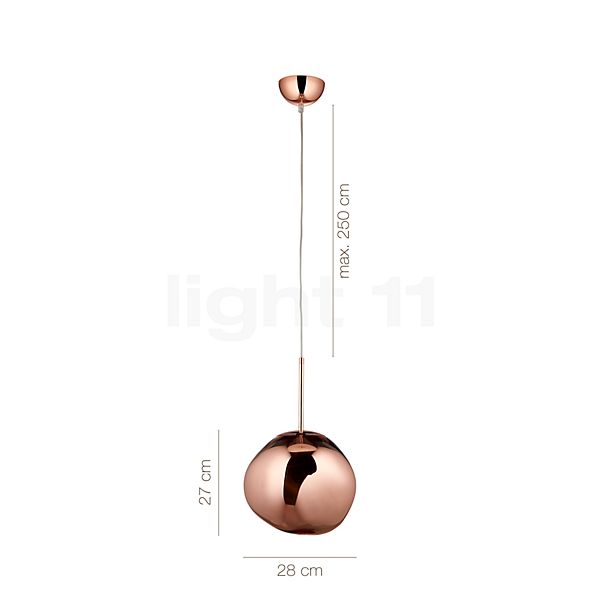 Measurements of the Tom Dixon Melt Pendant Light LED chrome, 28 cm in detail: height, width, depth and diameter of the individual parts.