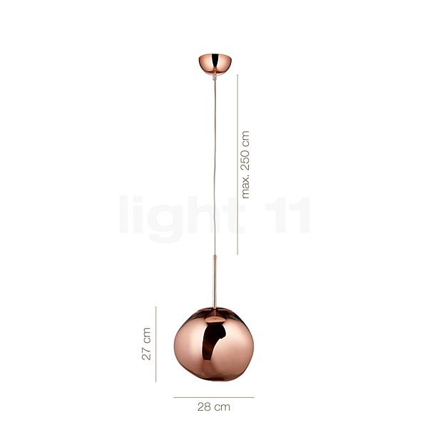 Measurements of the Tom Dixon Melt Pendant Light LED copper - 28 cm in detail: height, width, depth and diameter of the individual parts.