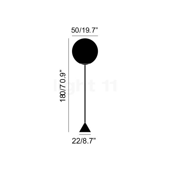 Tom Dixon Opal, lámpara de pie LED conmutable - alzado con dimensiones