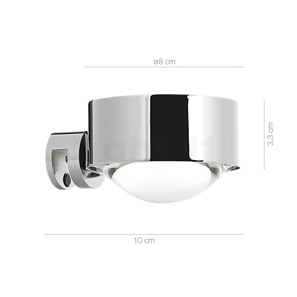 Målene for Top Light Puk Fix LED: De enkelte komponenters højde, bredde, dybde og diameter.
