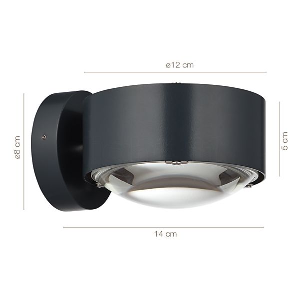 Målene for Top Light Puk Maxx Outdoor Wall LED: De enkelte komponenters højde, bredde, dybde og diameter.