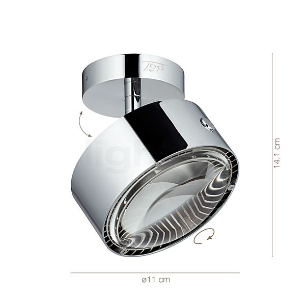 Die Abmessungen der Top Light Puk Maxx Turn Up & Downlight LED im Detail: Höhe, Breite, Tiefe und Durchmesser der einzelnen Bestandteile.
