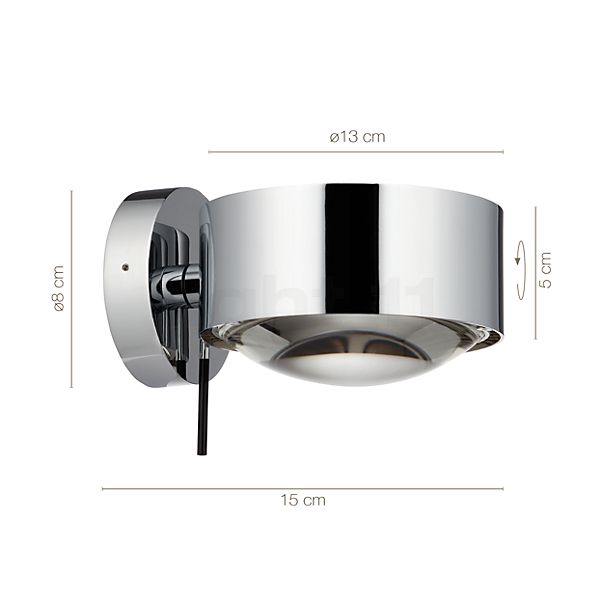 Die Abmessungen der Top Light Puk Maxx Wall + LED im Detail: Höhe, Breite, Tiefe und Durchmesser der einzelnen Bestandteile.