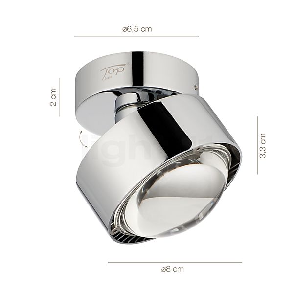 Dimensions du luminaire Top Light Puk Move LED blanc mat - White Edition - lentille claire en détail - hauteur, largeur, profondeur et diamètre de chaque composant.