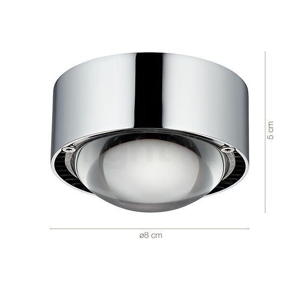 Die Abmessungen der Top Light Puk One LED im Detail: Höhe, Breite, Tiefe und Durchmesser der einzelnen Bestandteile.