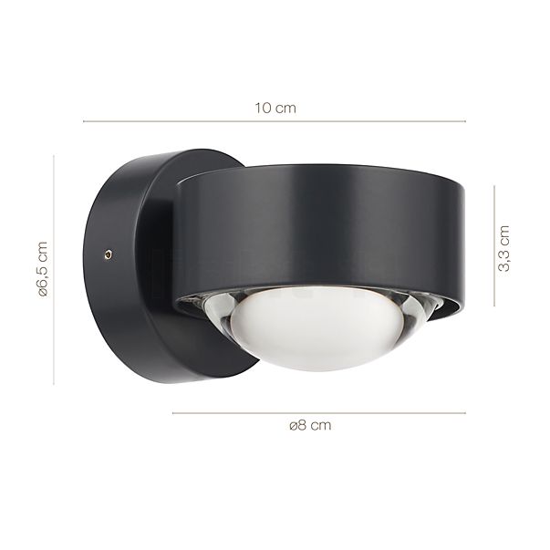 Dimensions du luminaire Top Light Puk Outdoor Wall LED en détail - hauteur, largeur, profondeur et diamètre de chaque composant.