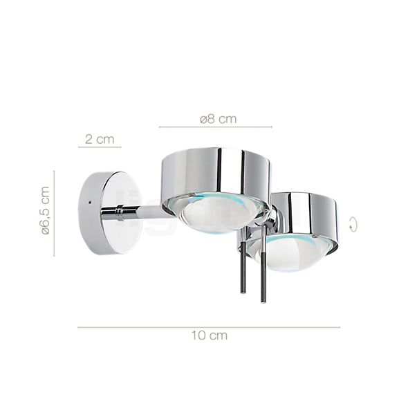 Målene for Top Light Puk Side Twin 10 cm: De enkelte komponenters højde, bredde, dybde og diameter.