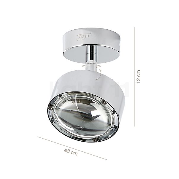 Dimensions du luminaire Top Light Puk Turn Up & Downlight en détail - hauteur, largeur, profondeur et diamètre de chaque composant.