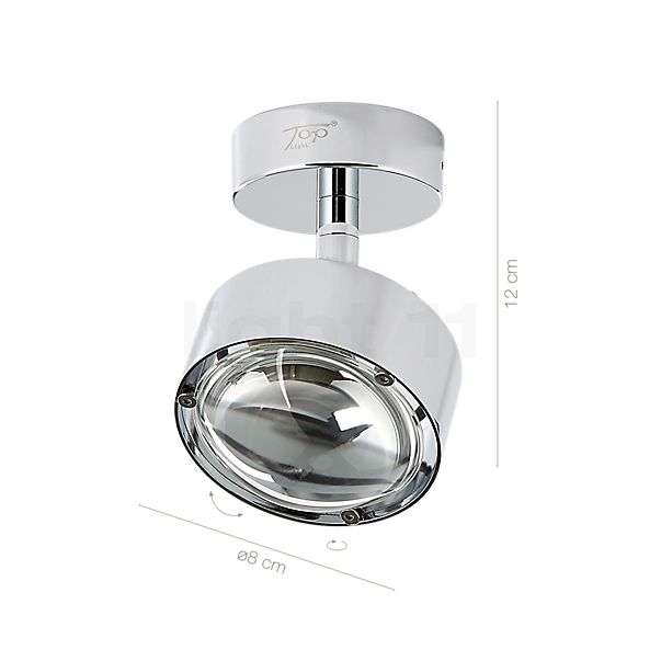 Die Abmessungen der Top Light Puk Turn Up & Downlight LED im Detail: Höhe, Breite, Tiefe und Durchmesser der einzelnen Bestandteile.