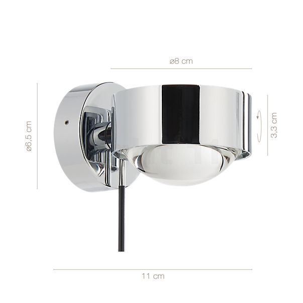 Målene for Top Light Puk Wall + LED: De enkelte komponenters højde, bredde, dybde og diameter.
