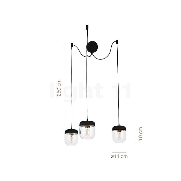 Measurements of the Umage Acorn Cannonball Pendant Light 3 lamps black amber/brass in detail: height, width, depth and diameter of the individual parts.