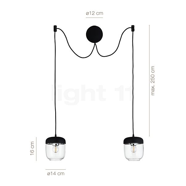 Measurements of the Umage Acorn Cannonball Pendant Light with 2 lamps black amber/brass in detail: height, width, depth and diameter of the individual parts.