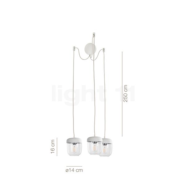 Measurements of the Umage Acorn Cannonball Pendant Light with 3 lamps white copper in detail: height, width, depth and diameter of the individual parts.
